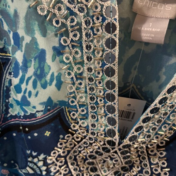 Chico's Embellished Tranquil Turquoise 3/4 Sleeve Coastal Tunic ~ Medium ~ NWT - Picture 4 of 9